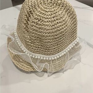 Beige Straw Hat with Pearl Trim
